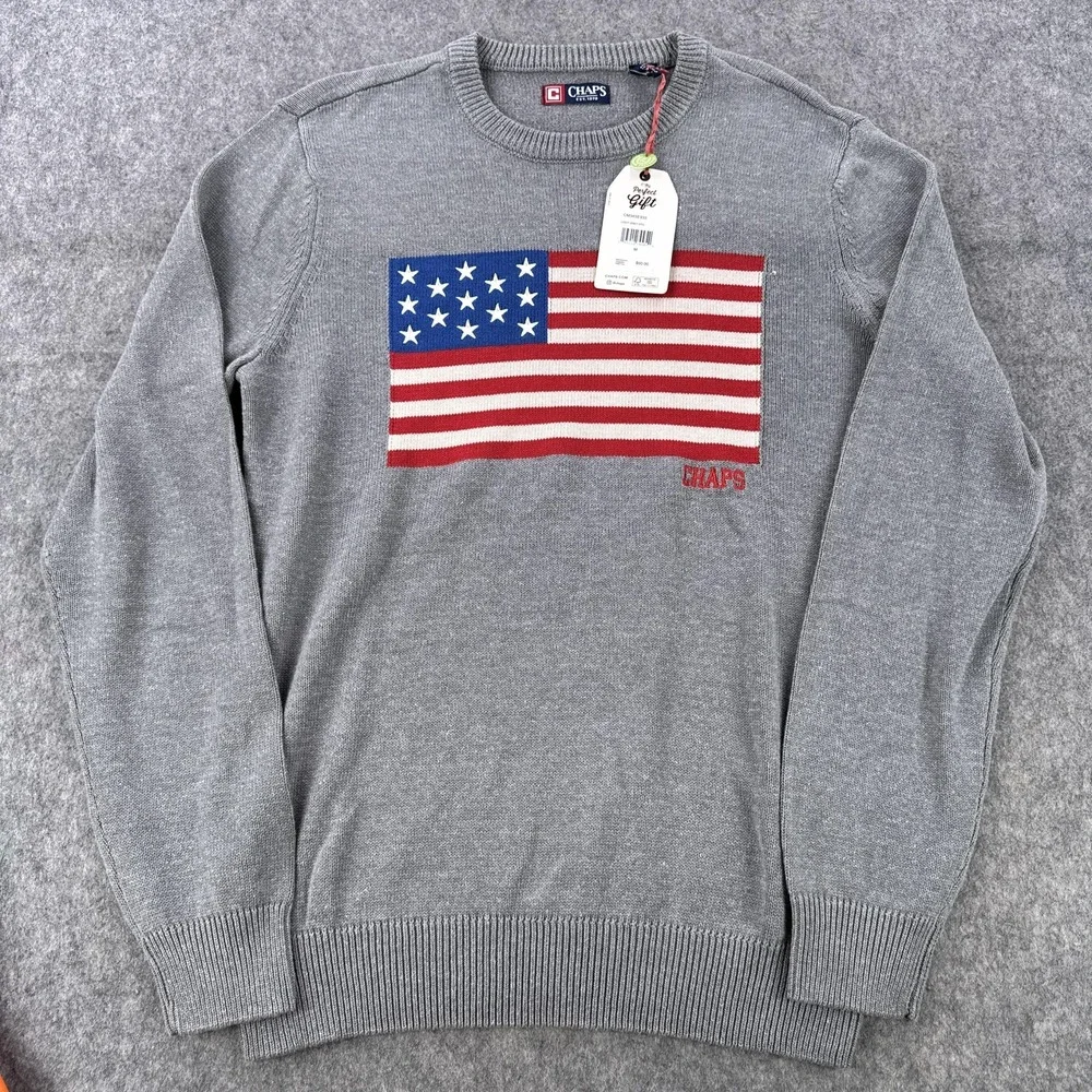 Chaps Sweater Mens Medium Gray USA Flag Crewneck Knit Pullover Patriotic NWT